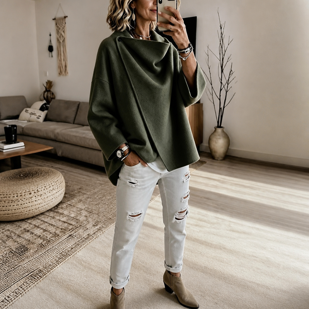 Mirror view of the asymmetric cape jacket in dark olive green, paired with white jeans and ankle boots.