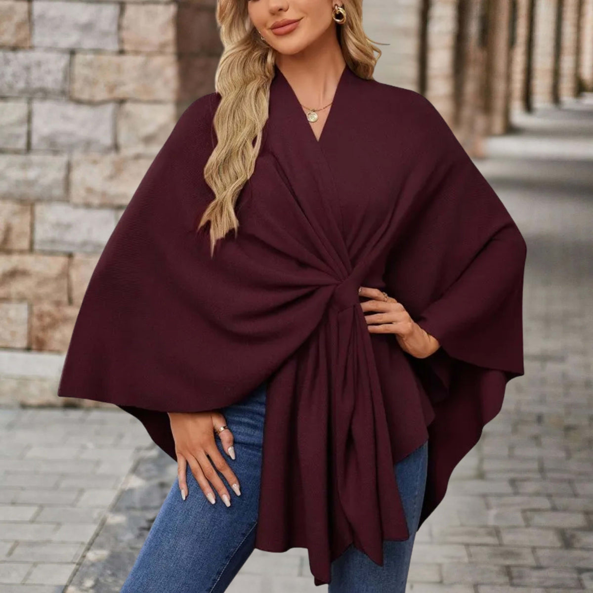 Aoife | Twist Front Draped Cape Poncho Wrap Top
