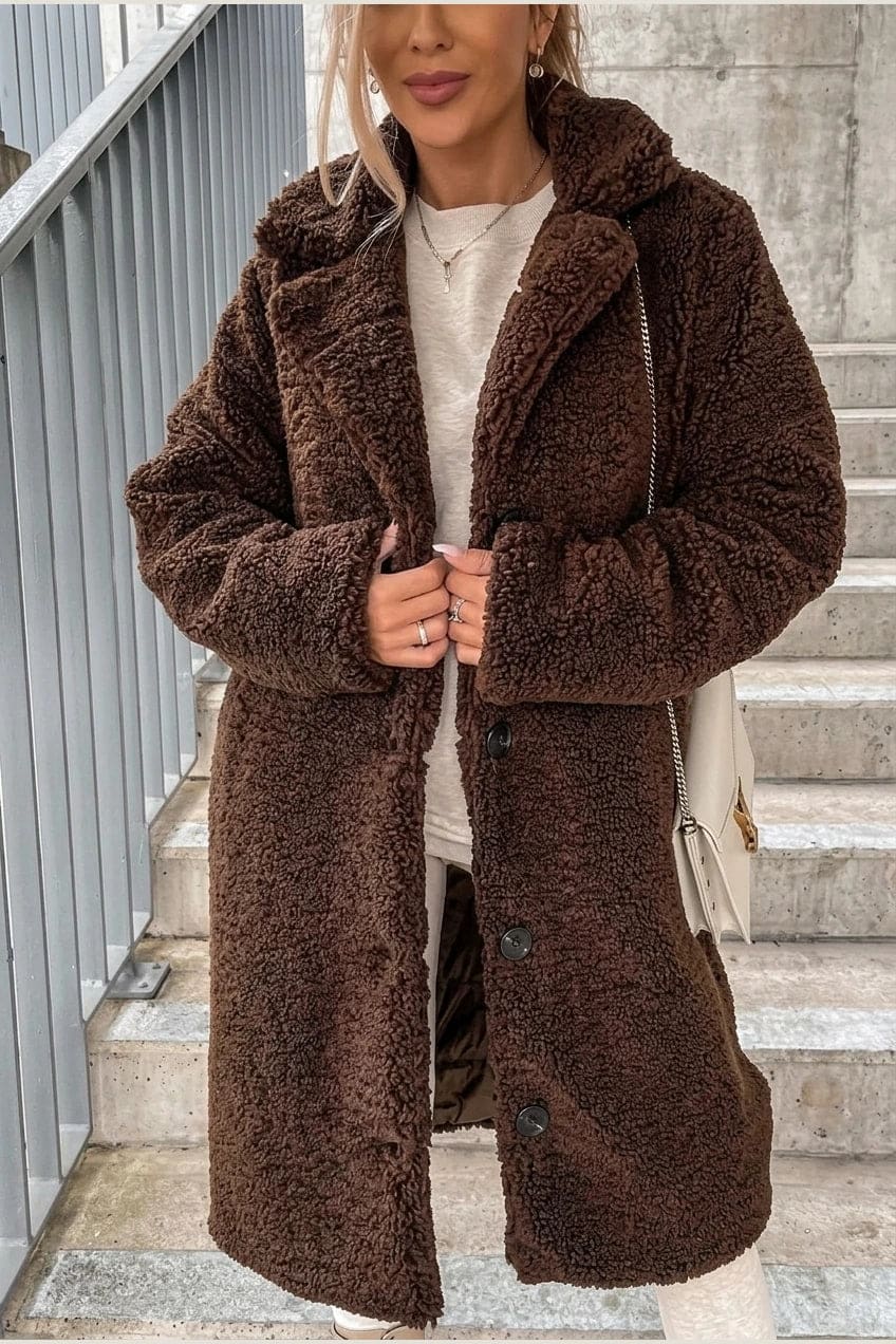 Natasha | Longline Teddy Coat with Notch Lapels and Side Pockets
