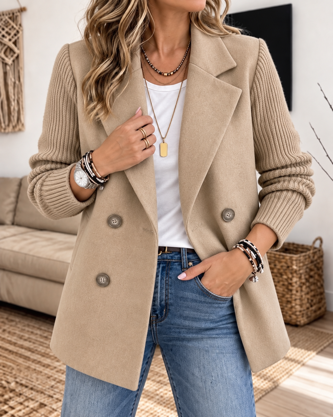 Beige double-breasted blazer paired with jeans, featuring contrasting textured sleeves, notched lapels, four buttons, and front pockets.