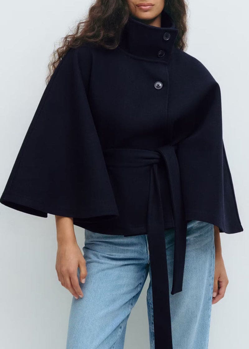 Amanda | Belted Cape Jacket with High Button Collar