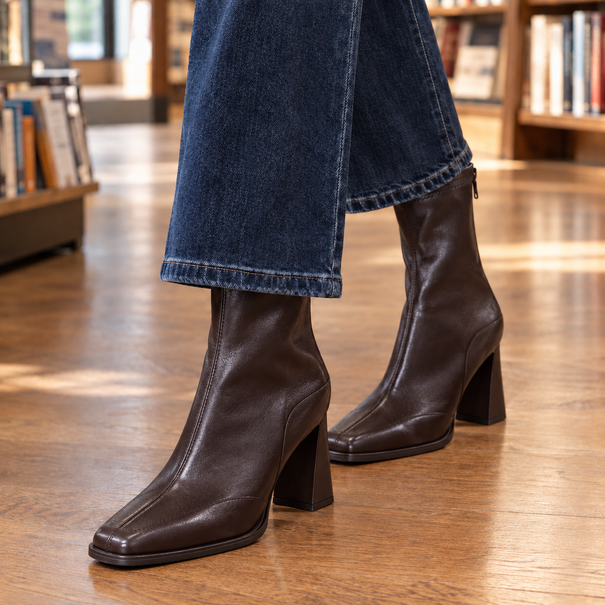 Brown ankle boots with square toes and substantial flared heels shown from the side beneath wide-leg denim.