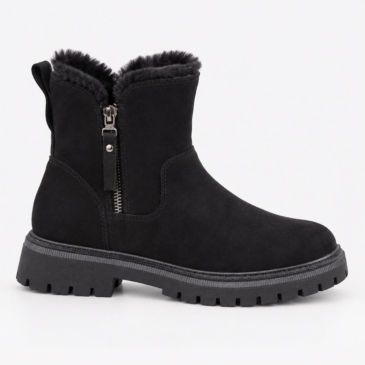 Black ankle boot shown in side profile, featuring a faux fur lined opening, side zip with pull, rear tab, and thick lug sole.