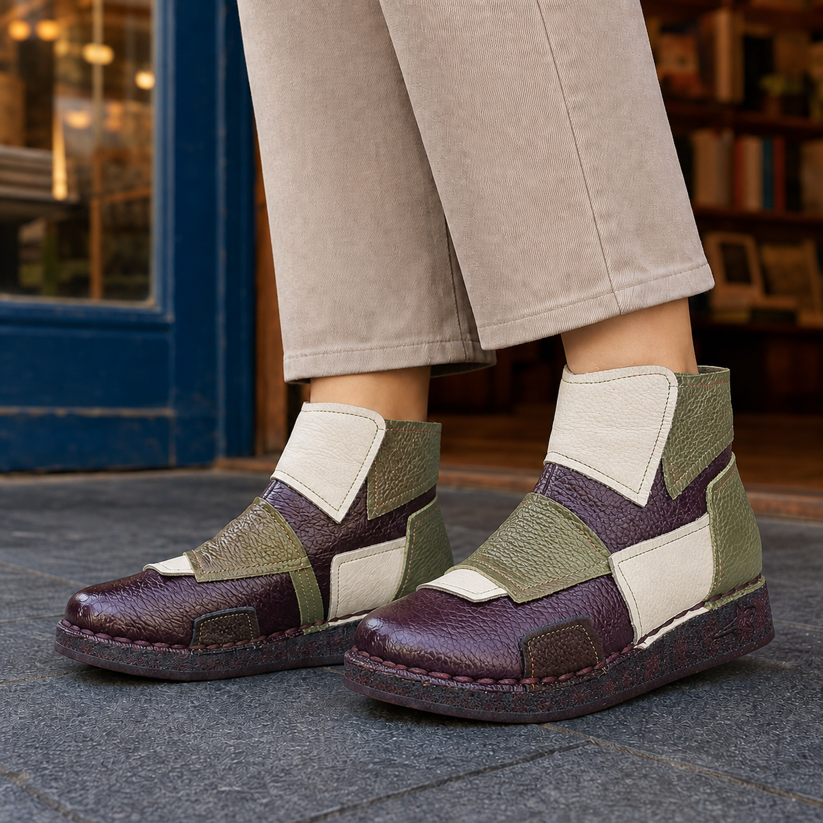 Pair of asymmetric patchwork ankle boots in deep plum, olive green, and cream, shown together to emphasize the contrasting ankle and toe panels.