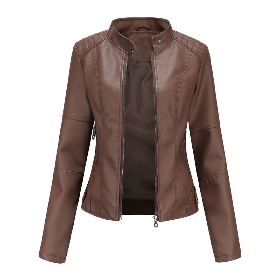 Brown fitted moto jacket with a stand collar, front zip fastening, shoulder panel details, and zipped side pockets.