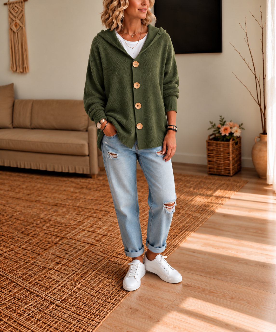 Dark olive green hooded cardigan styled with a white top, rolled jeans, and white sneakers.