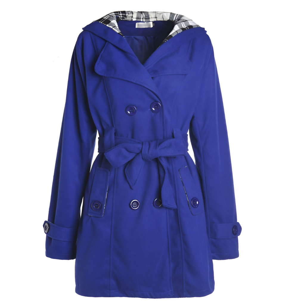 Bright blue hooded double-breasted coat with a visible check lining, tied waist belt, long sleeves, and buttoned patch pockets.
