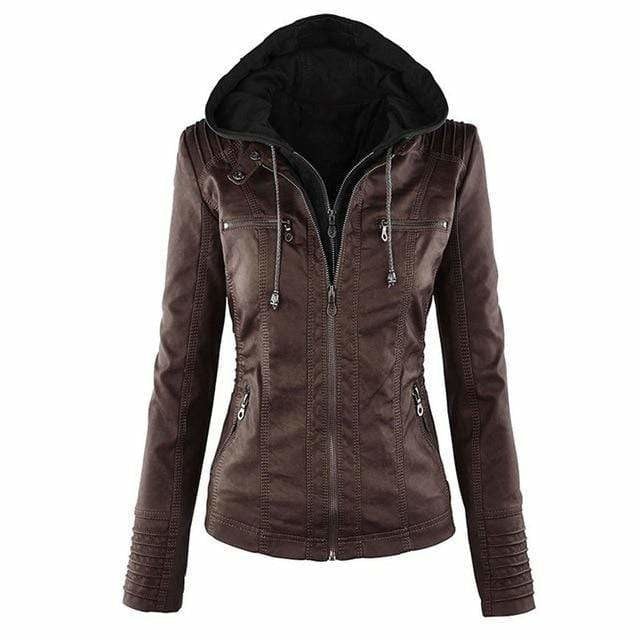 Dark brown hooded moto jacket with a black-lined hood, silver-tone zips, stitched detailing, and textured sleeve cuffs.