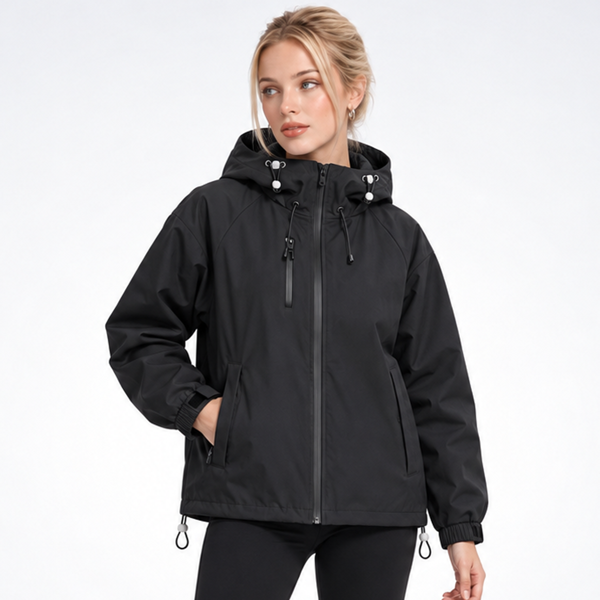 Black colorway of the hooded jacket shown from the front with drawcord hood, full zip, chest pocket, and side pockets.