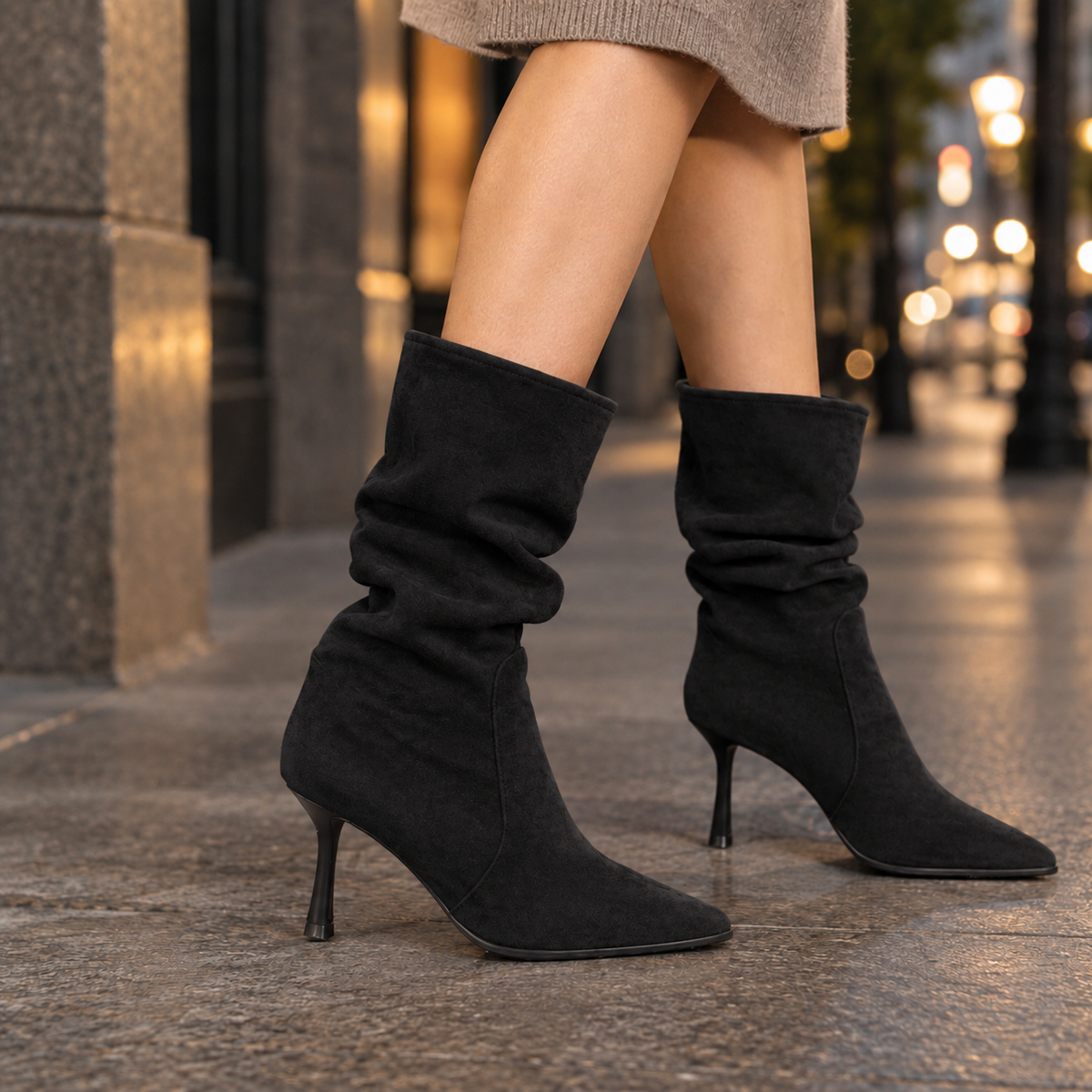 Black slouch mid-calf boots with pointed toes and slim stiletto heels, shown in a streetwear setting.