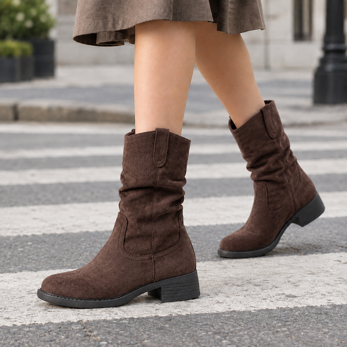 Brown mid-calf slouch boots with rounded toes and low block heels, paired with a skirt on a city street.