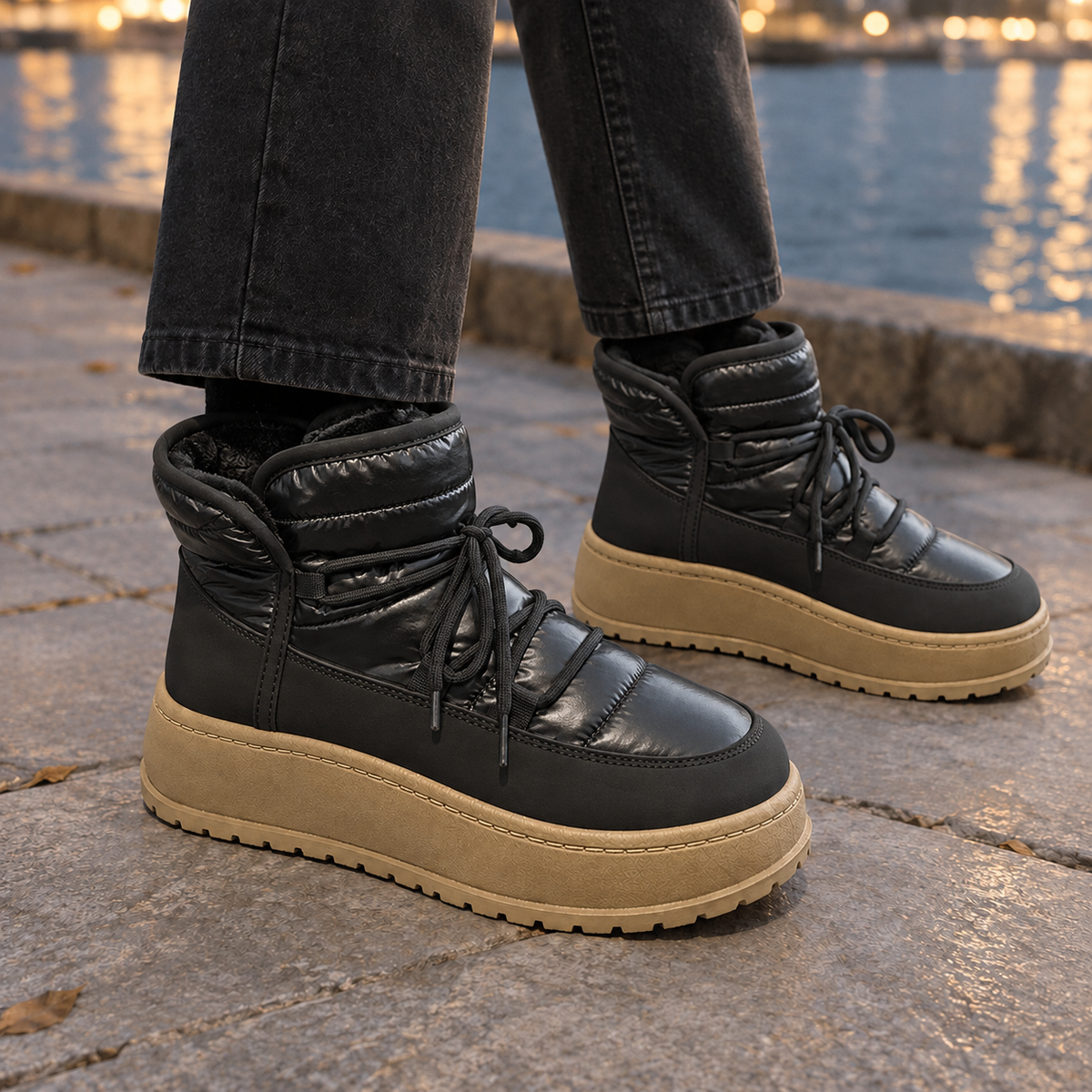 Pair of black lace-up platform puffer boots with padded high-top collars, rounded toes, and tan lug soles worn beside a waterfront.