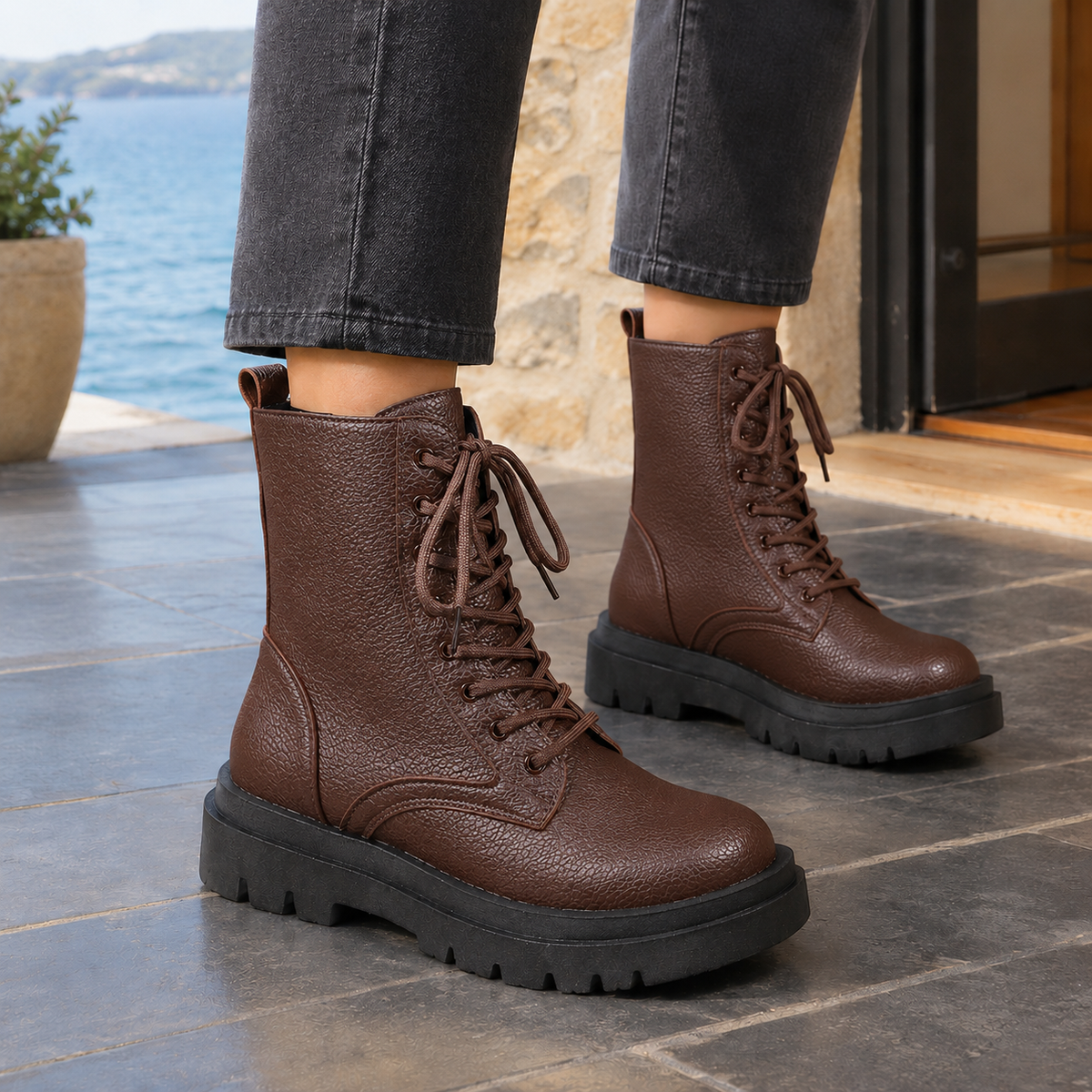 Pair of brown mid-calf lace-up boots with matching laces, rounded toes, textured uppers, and rugged black platform soles.