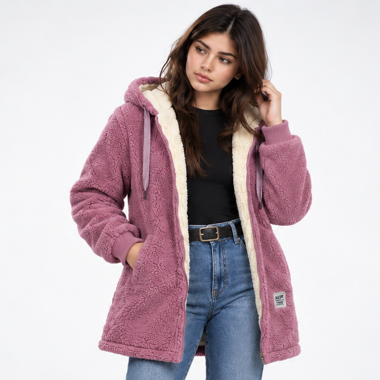 Pink version of the long hooded teddy jacket shown open, highlighting the cream-lined hood, front pocket, drawstrings, and ribbed cuffs.