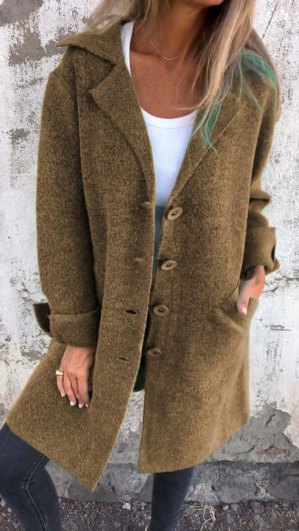 Olive brown longline blazer jacket featuring notched lapels, a visible button fastening, and a straight extended hem.