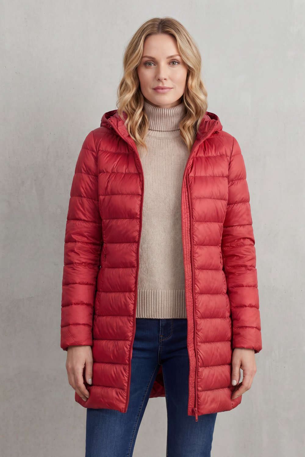 Front view of the red hooded puffer jacket worn open, showing its hood, quilted design, and extended length.