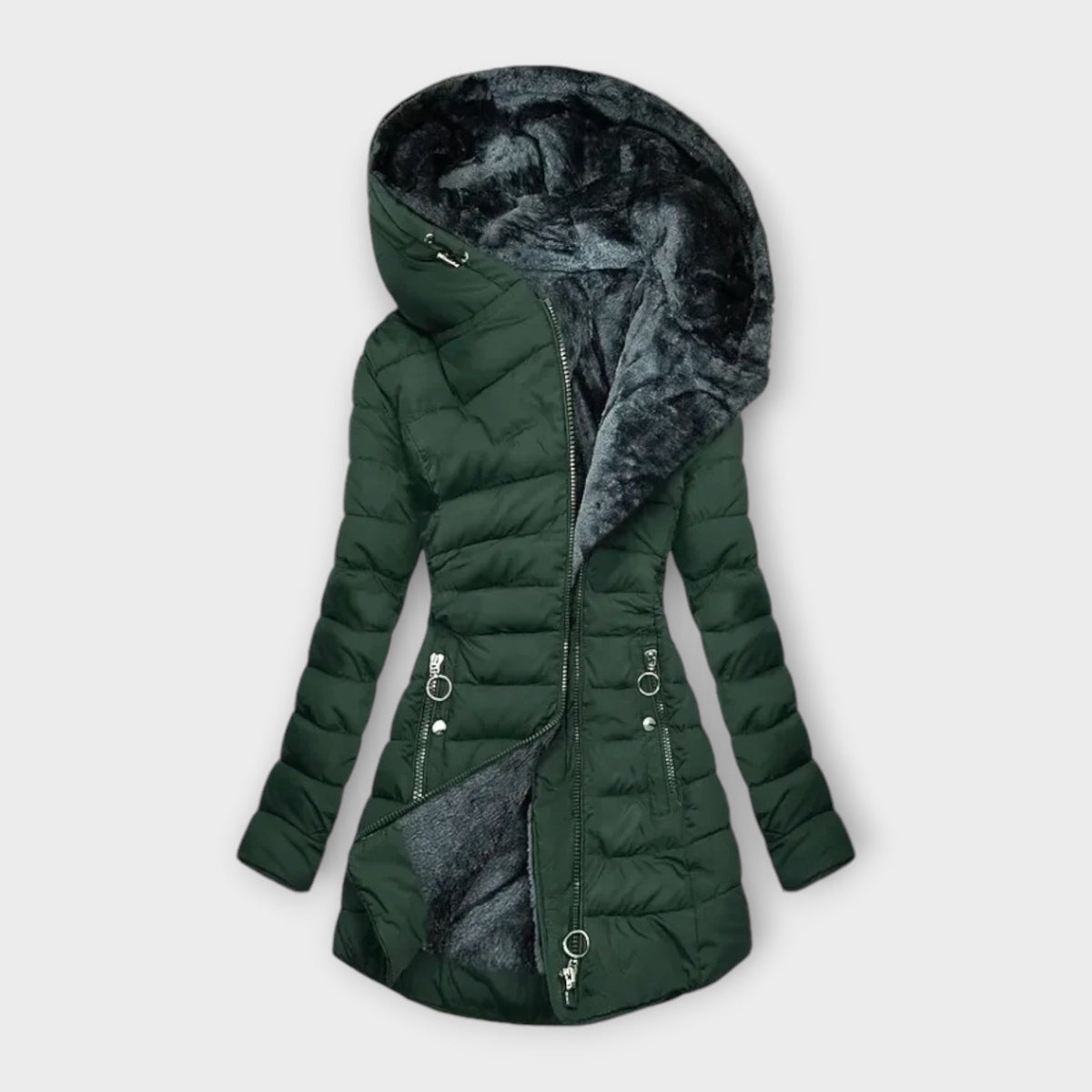 Dark green hooded puffer jacket with a longline silhouette, contrasting dark hood lining, central zip, and two zipped front pockets.