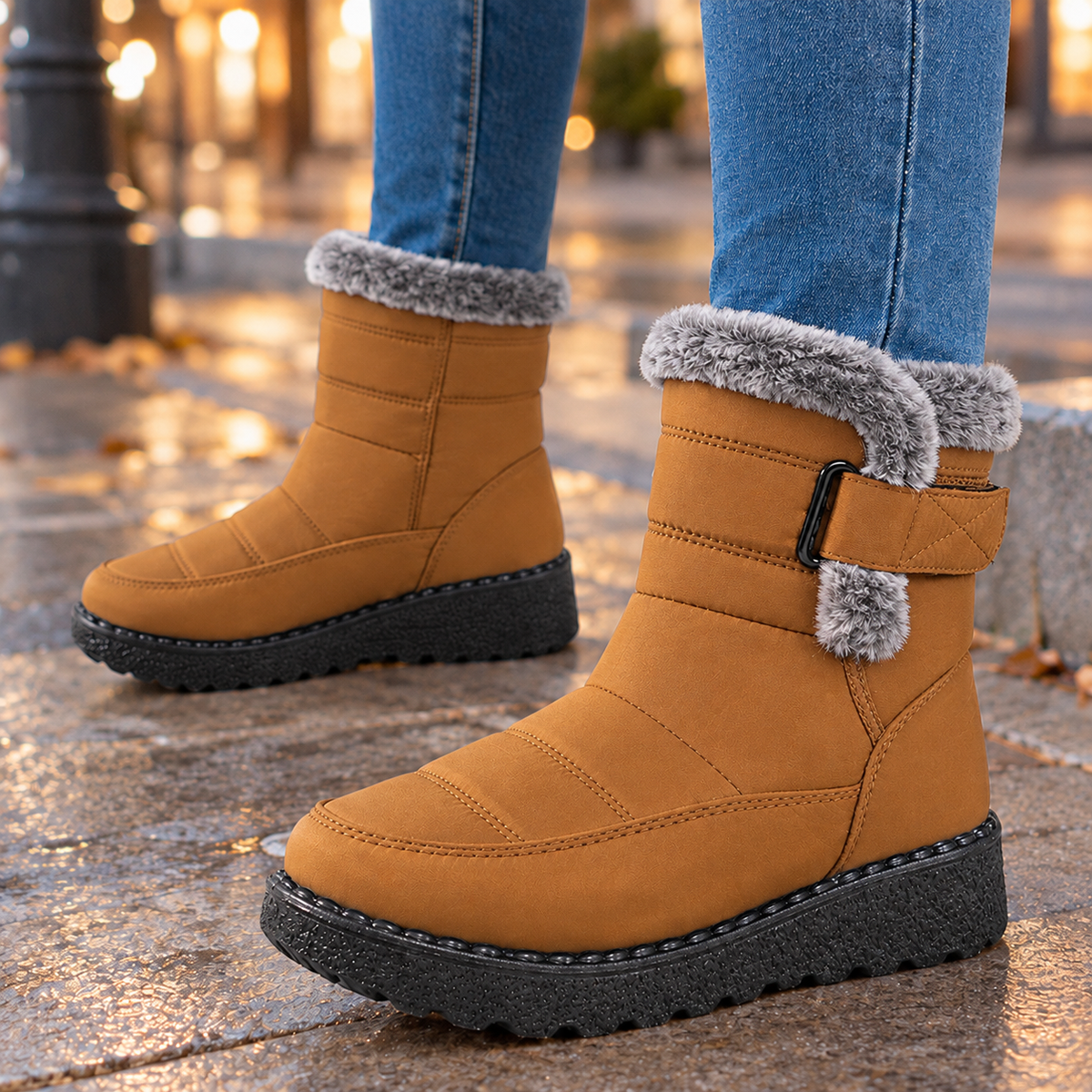 Warm tan platform ankle boots with gray faux-fur trim, side straps, and stitched panels shown in profile.