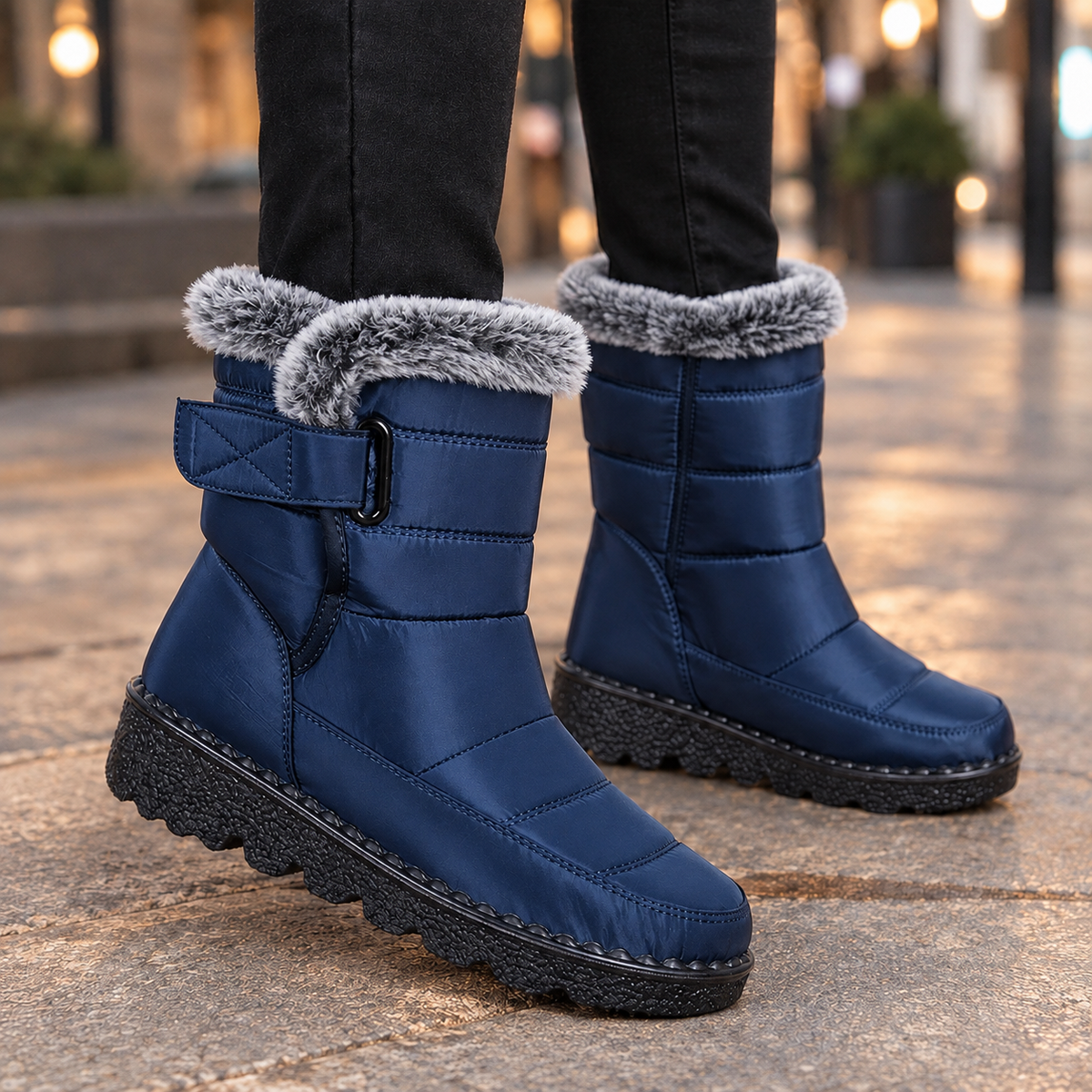Navy blue mid-calf boots with plush gray collars, adjustable wraparound straps, padded panels, and thick textured soles shown on a paved walkway.