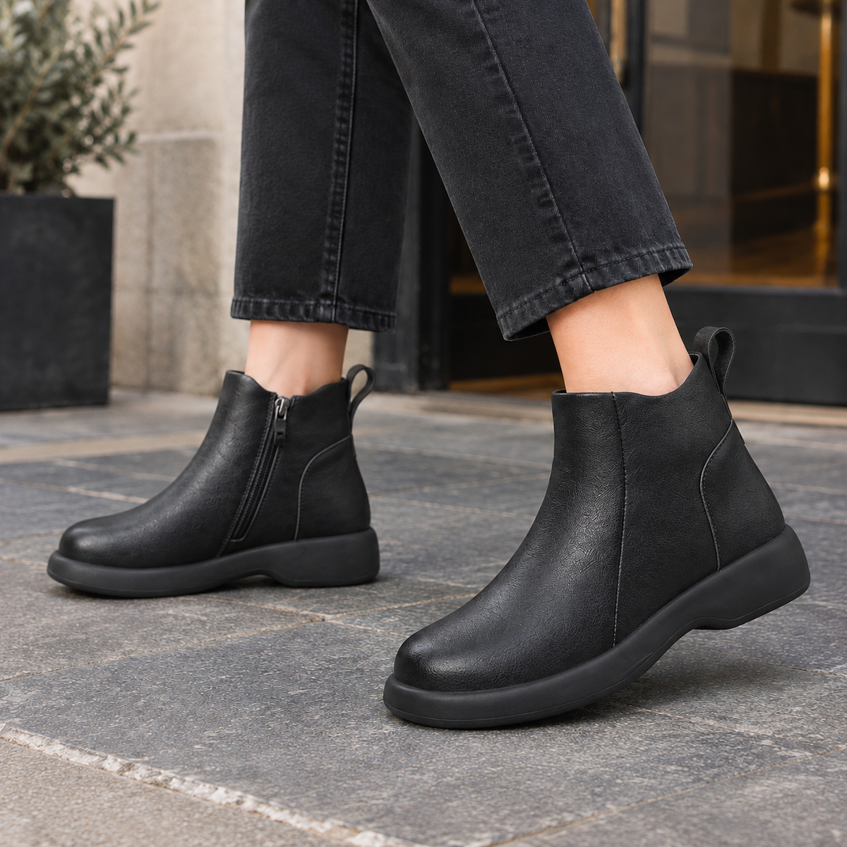 Black ankle boots with side zippers, rear pull tabs, rounded toes, and low wedge soles worn with black cropped trousers.