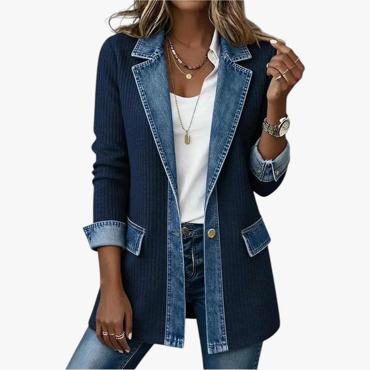 Navy longline jacket with a contrasting denim-look collar and front trim, button fastening, turned-back cuffs, and flap pockets.