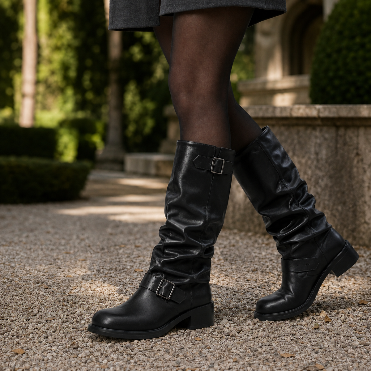 Black knee-high biker boots with gathered slouching shafts, rounded toes, low block heels, and double buckle accents, shown in a walking pose.