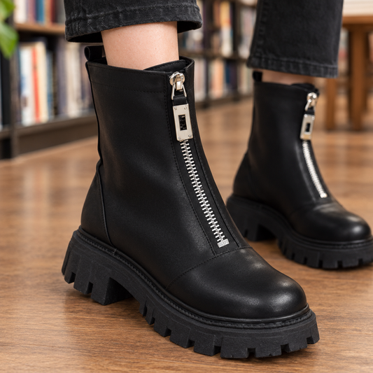 Close-up view of a black ankle boot highlighting its full-length front zipper, rounded toe, ankle height, and deep tread sole.