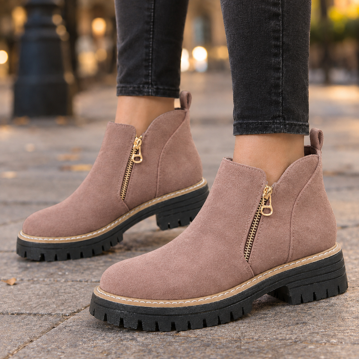 Dusty pink ankle boots with gold-tone side zips, rear pull tabs, and thick lugged soles styled with black jeans.