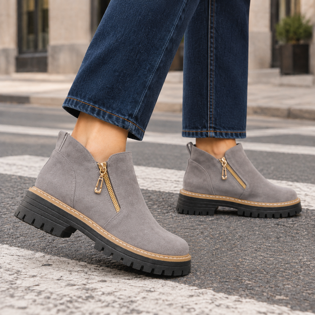 Gray ankle boot stepping forward, highlighting its gold-tone side zip, low block heel, and deep lug tread.