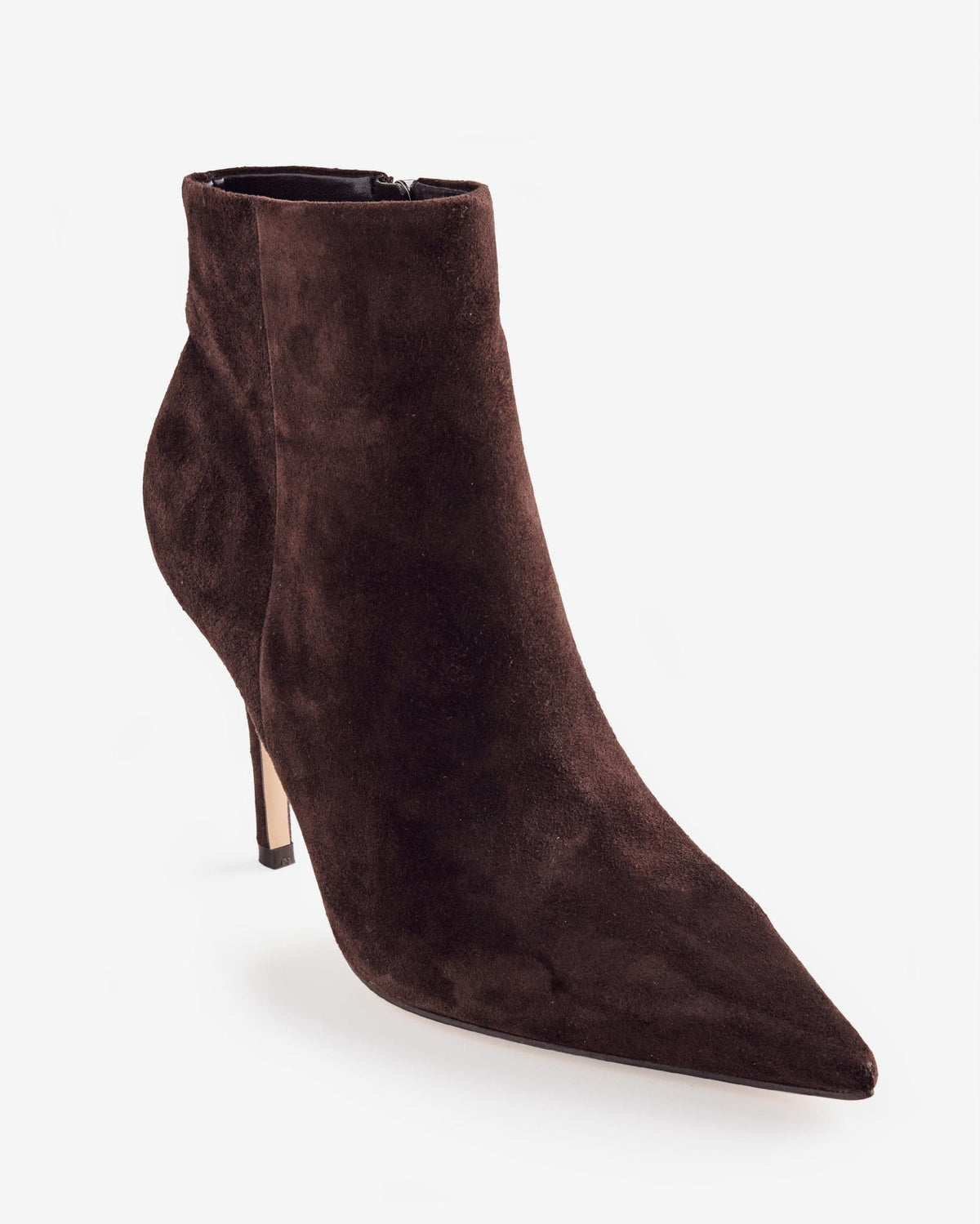 Dark brown pointed toe ankle bootie with stiletto heel and side zipper, shown in profile on a light gray background_0