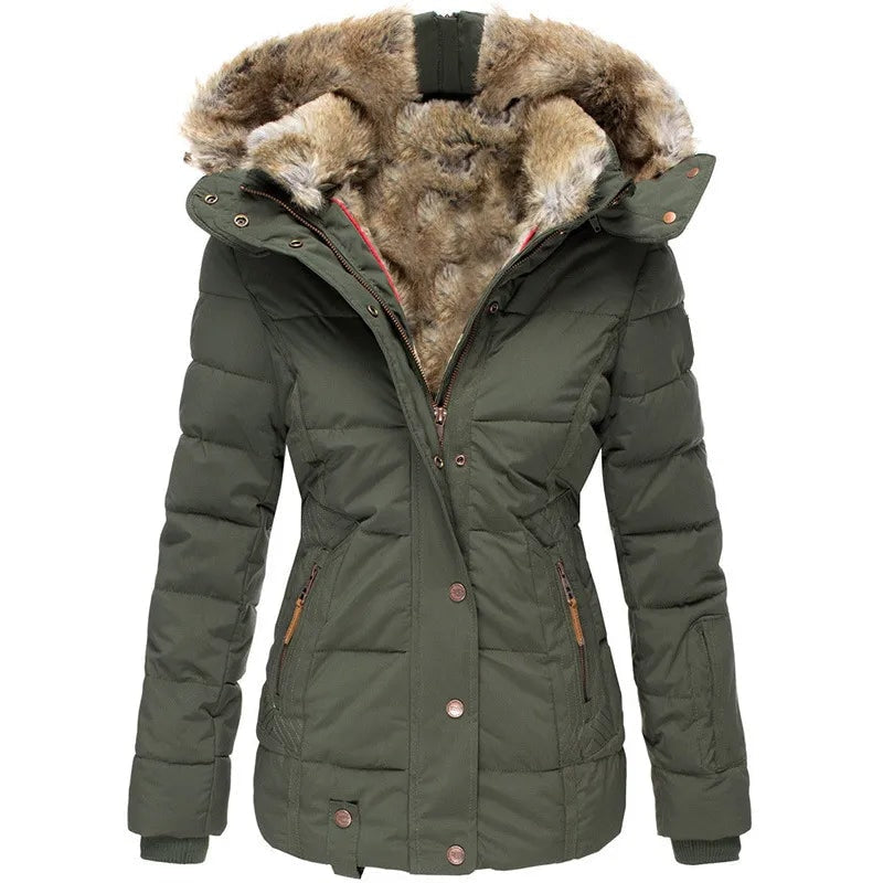 Front view of the dark olive quilted puffer jacket with a faux-fur-trimmed hood, front zip and snaps, fitted shape, and zipped side pockets.