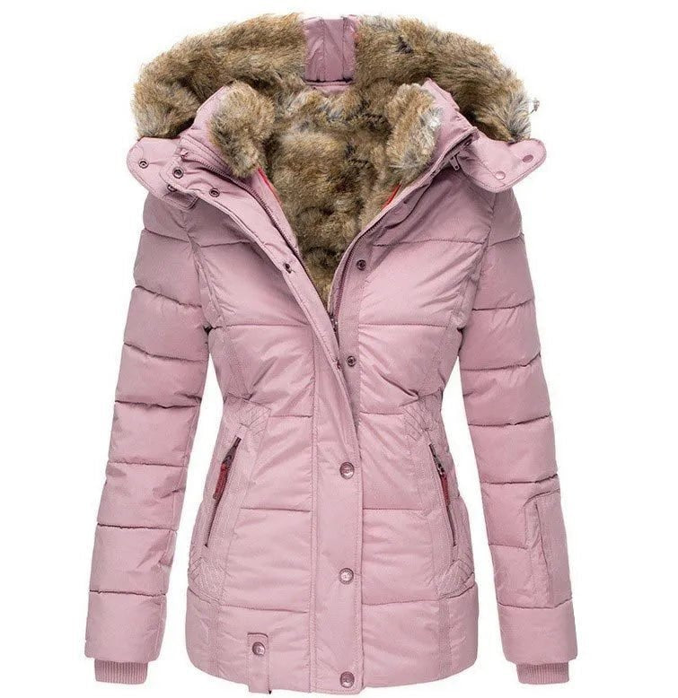 Dusty pink quilted puffer jacket with a fur-trimmed hood, shaped silhouette, front closure, and two vertical zippered side pockets.