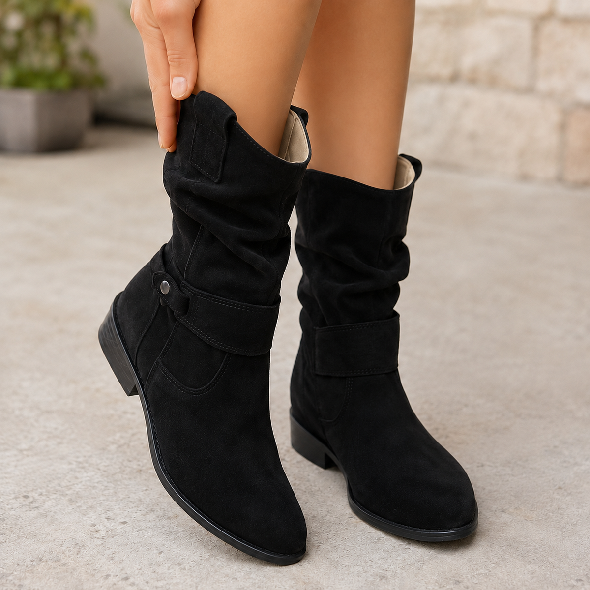 Black slouch mid-calf boots with softly gathered shafts, decorative buckle straps, rounded toes, and low block heels.