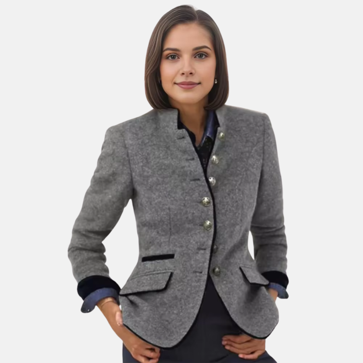 Bronagh tailored stand-collar jacket in gray with a shaped silhouette, button front, and flap pockets, shown from the front with hands in the pockets.