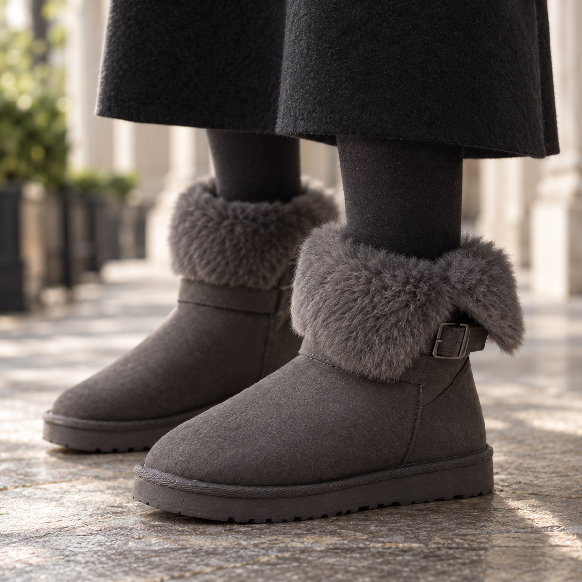 Closer view of the dark gray winter boots highlighting the textured cuffs, adjustable side buckles, rounded closed toes, and thick treaded soles.