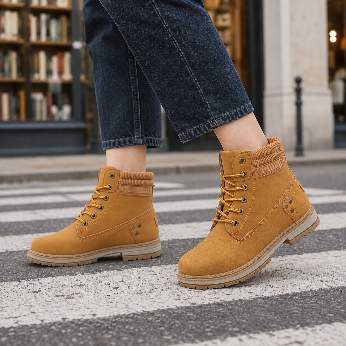 Mustard yellow lace-up ankle boots with padded collars, rounded toes, tonal eyelets and laces, decorative side panels, and contrasting treaded soles.