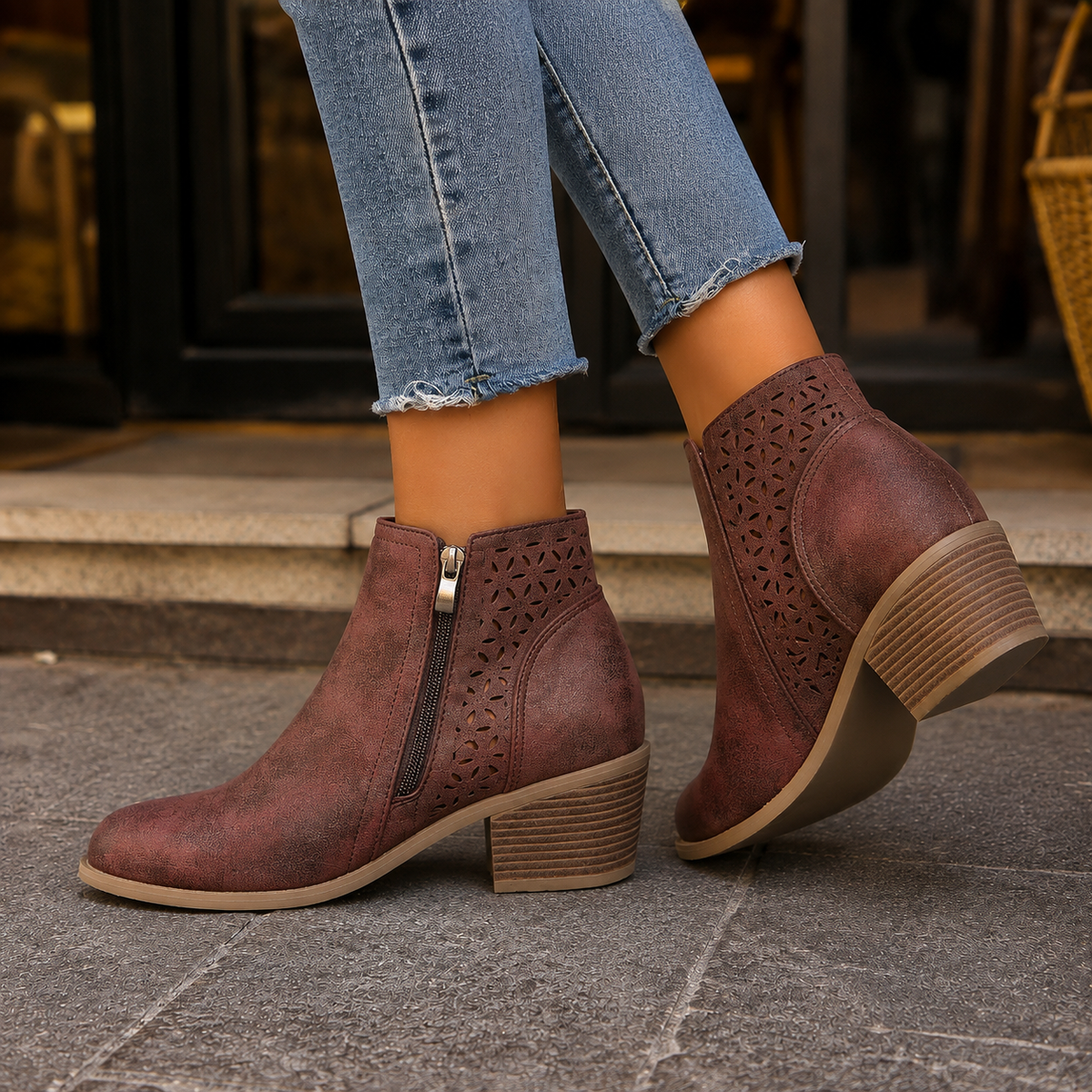 Brown ankle boots highlighting the floral-inspired cutout panels, side zipper, and layered block heel.