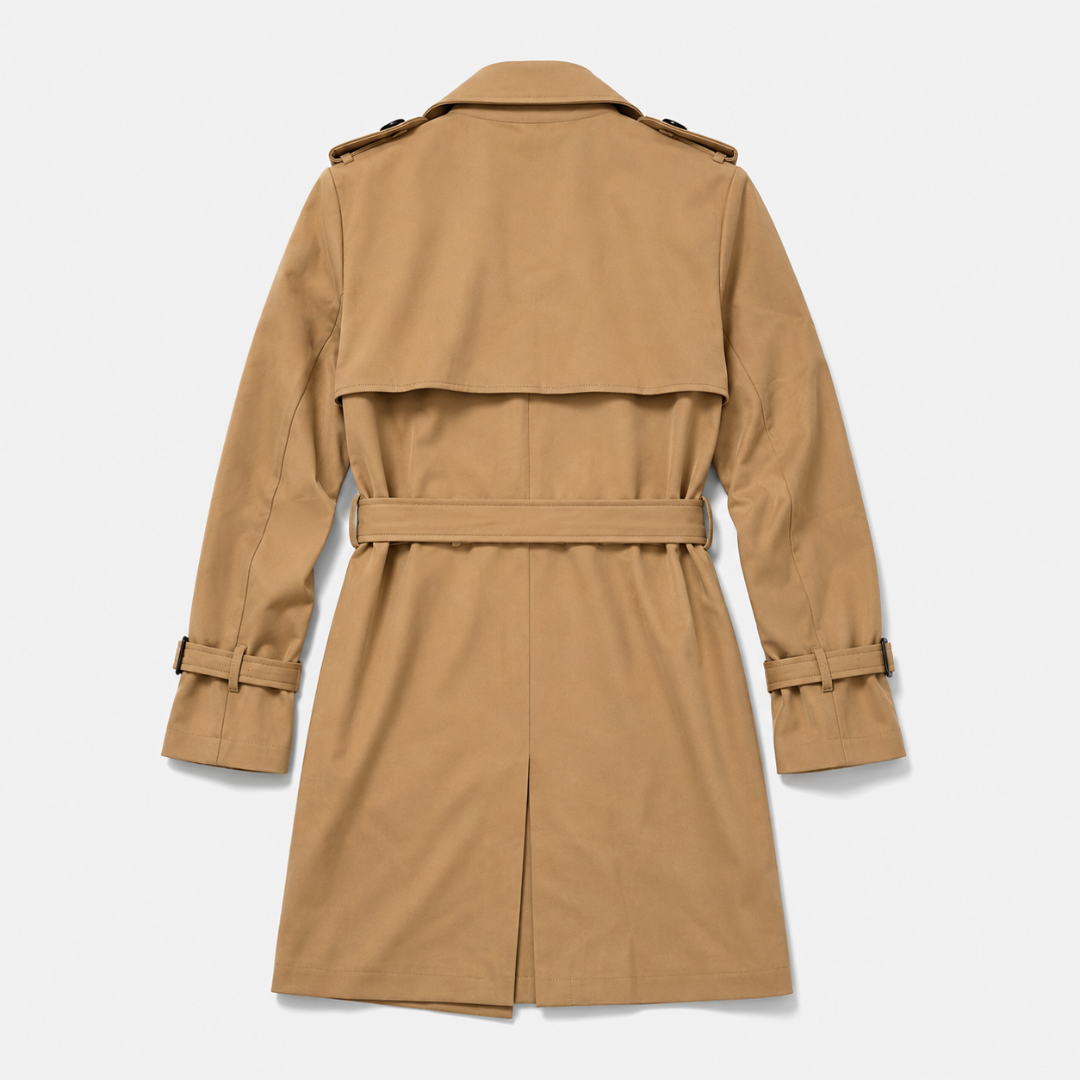 A woman wears a belted double breasted trench coat with notched lapels on a city street._6