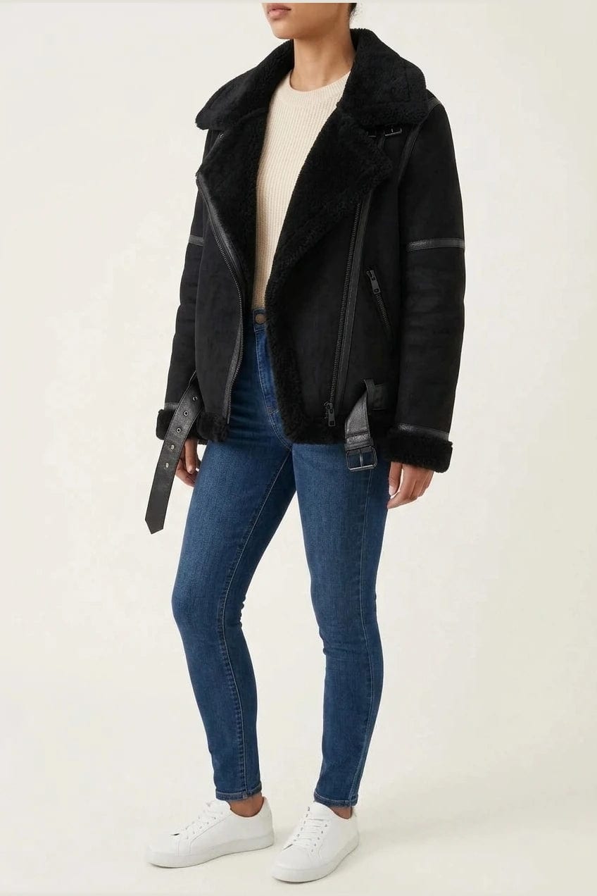 Patricia | Aviator Biker Jacket with Borg Collar and Buckle Waist