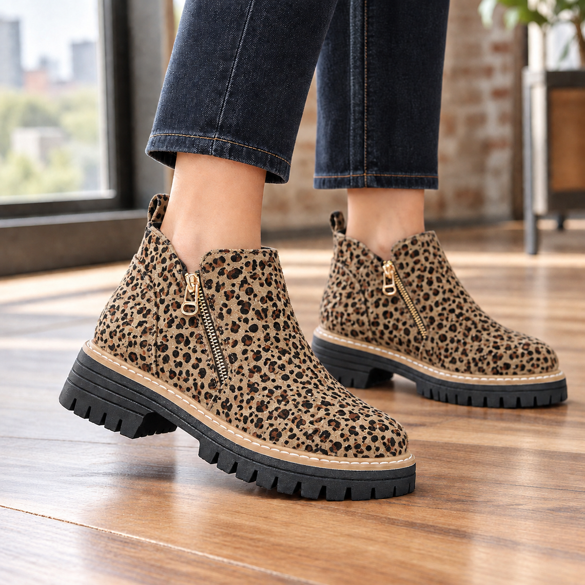 Leopard-print ankle boots with gold-tone side zips, rounded toes, and chunky black lug soles.