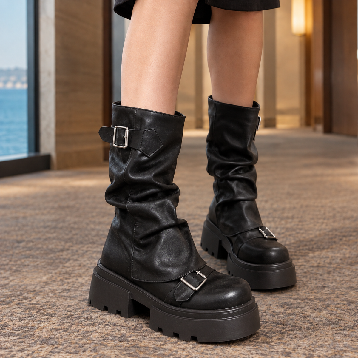 Black platform mid-calf boots with a softly gathered shaft, upper buckle straps, and rounded closed toes.