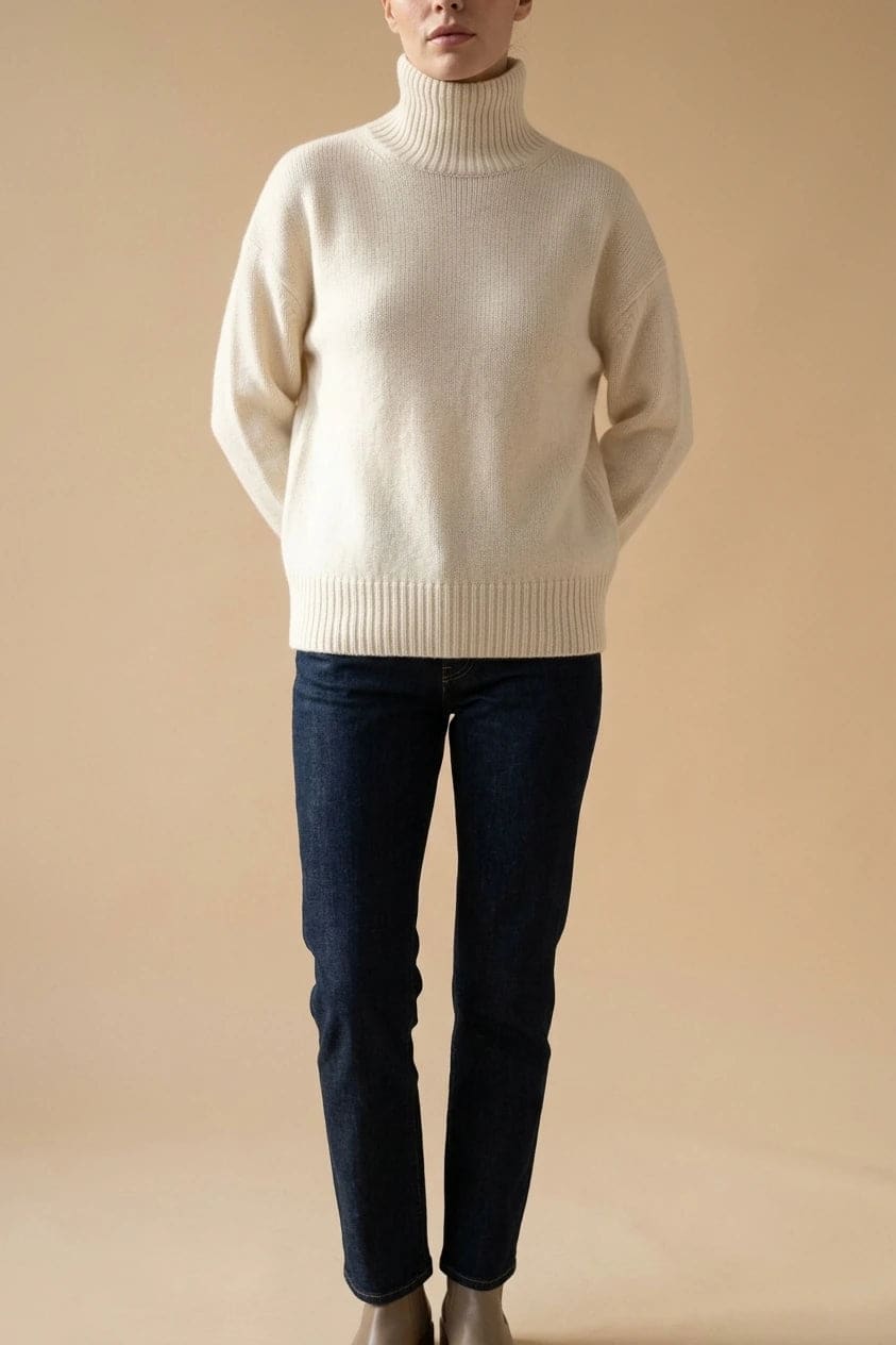 Woman wearing a relaxed roll neck jumper with ribbed collar, cuffs and hem, with straight-leg jeans and ankle boots._0