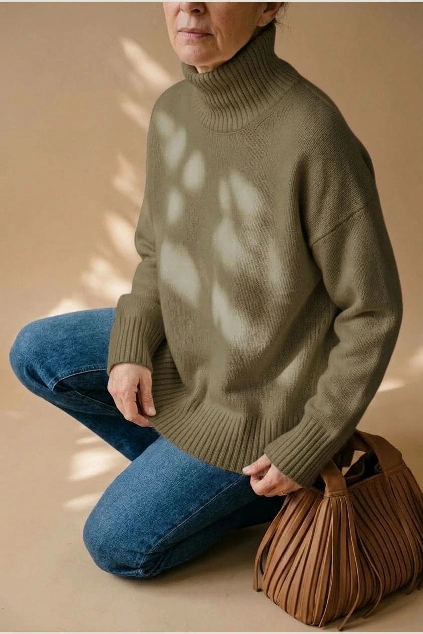 Woman wearing a relaxed roll neck jumper with ribbed collar, cuffs and hem, with straight-leg jeans and ankle boots._10