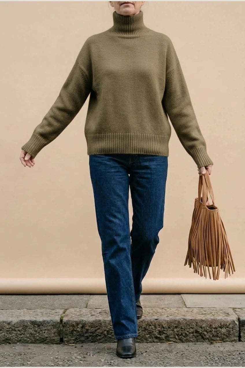Woman wearing a relaxed roll neck jumper with ribbed collar, cuffs and hem, with straight-leg jeans and ankle boots._11