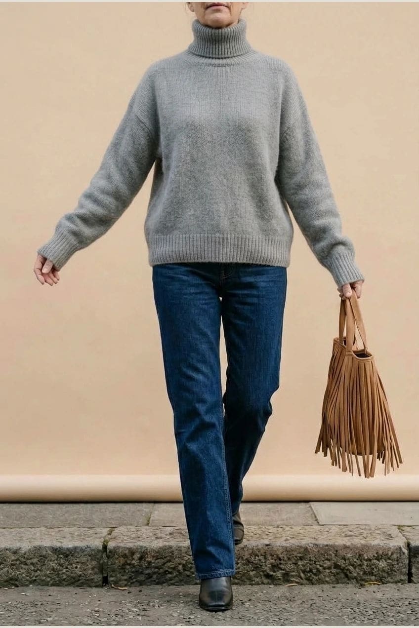 Woman wearing a relaxed roll neck jumper with ribbed collar, cuffs and hem, with straight-leg jeans and ankle boots._5