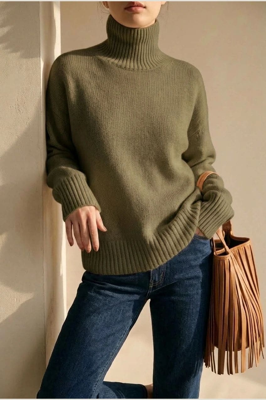 Woman wearing a relaxed roll neck jumper with ribbed collar, cuffs and hem, with straight-leg jeans and ankle boots._8