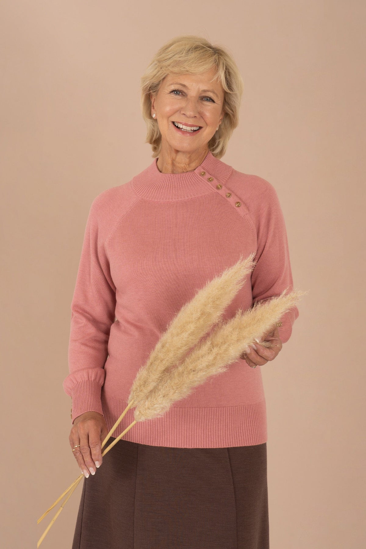 Erin | Button-Detail Funnel Neck Jumper with Ribbed Cuffs