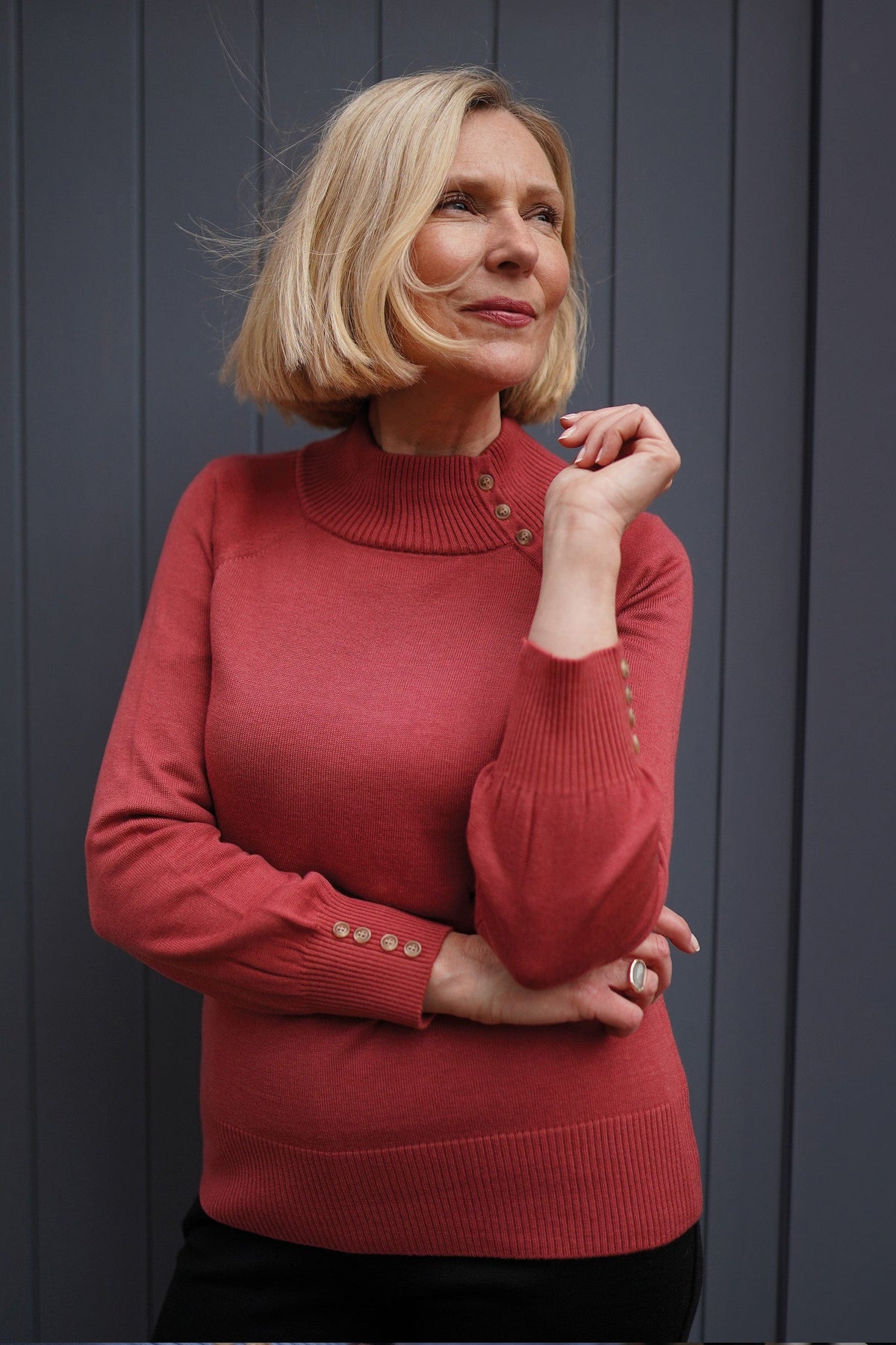 Erin | Button-Detail Funnel Neck Jumper with Ribbed Cuffs