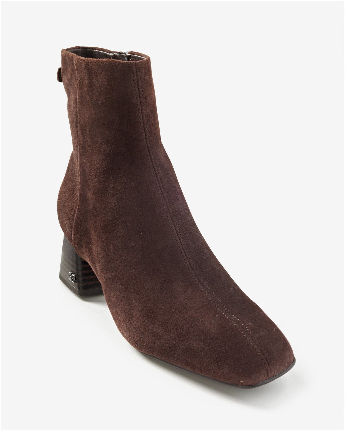 Brown ankle bootie with block heel and soft square toe shown from side angle_0