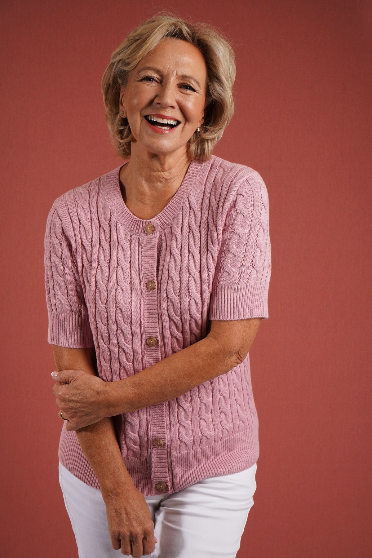 Cliona | Short Sleeve Cable Knit Button Front Cardigan
